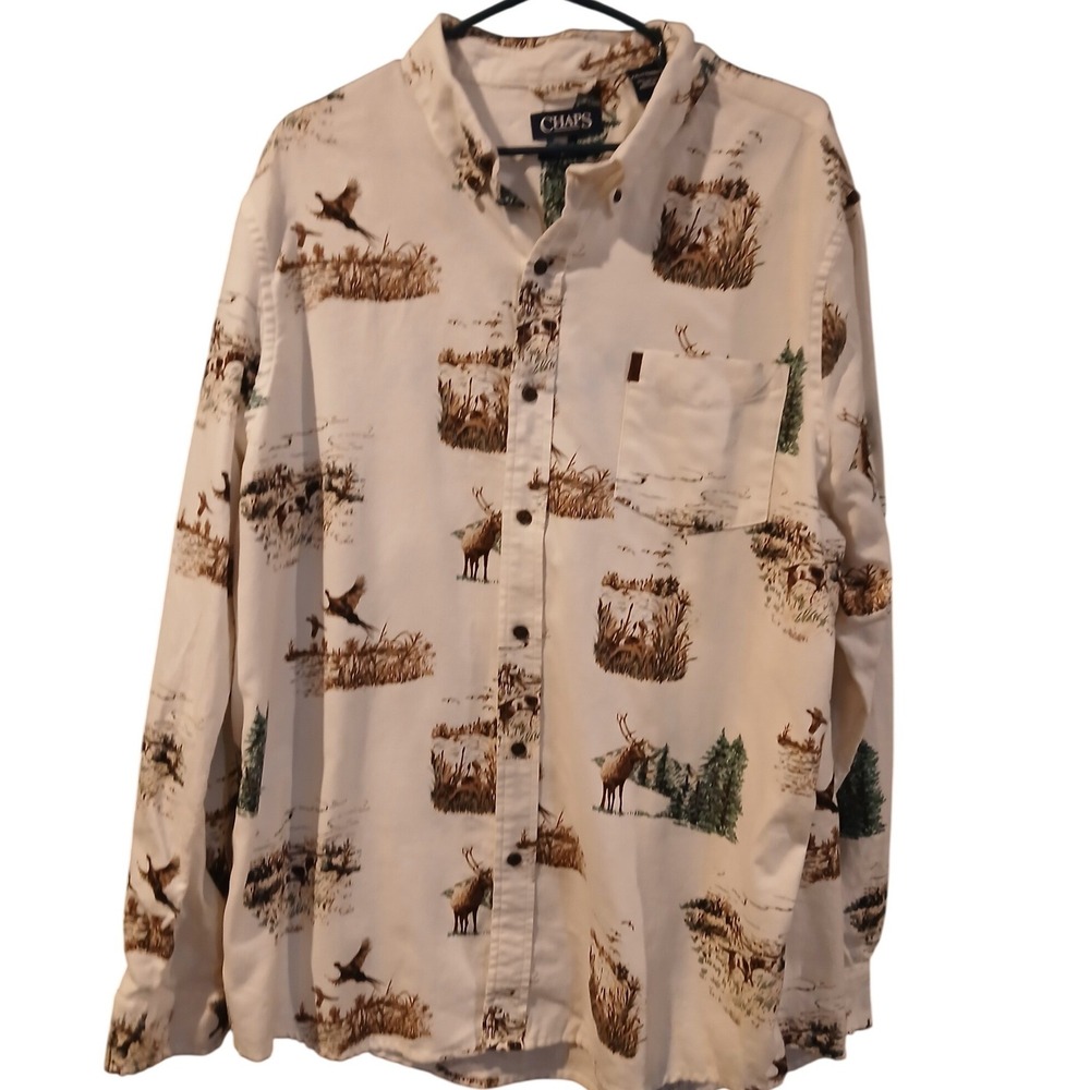 Chaps Mens XXL Performance Cotton Button Down Shirt Wildlife All Over Print Hunt